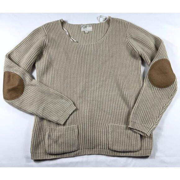 Debbie Morgan Sweaters - Debbie Morgan Womens Beige Knit Sweater Elbow Patch Scoop Neck Pockets M